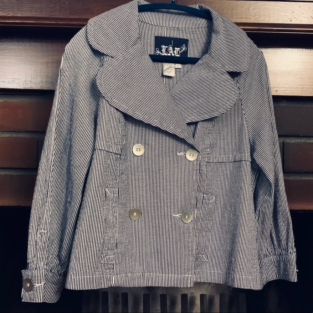 Live a Little Blue Seersucker Jacket sz L - Picture 2 of 16